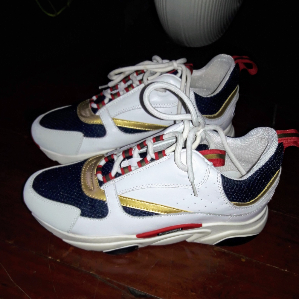 Dior Men's White, Gold, and Navy Sneakers